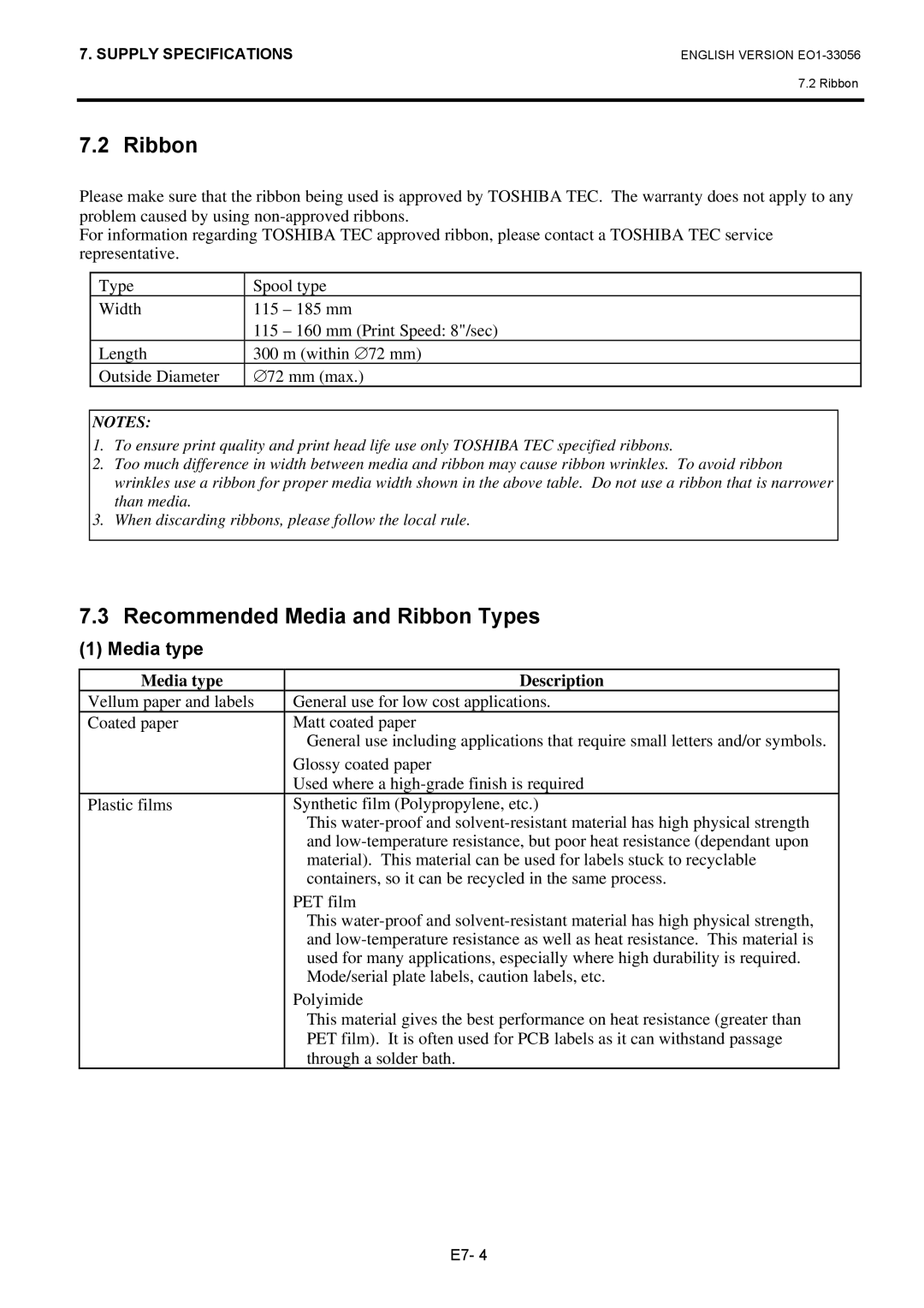 Toshiba B-SX6T Series, EO1-33056D owner manual Recommended Media and Ribbon Types, Media type Description 