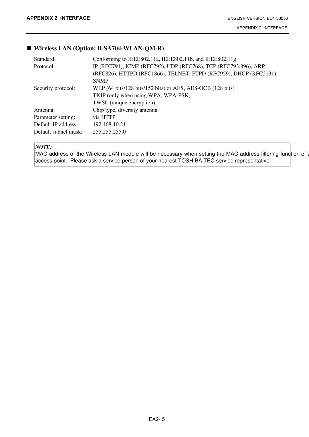 Toshiba EO1-33056D, B-SX6T Series owner manual Wireless LAN Option B-SA704-WLAN-QM-R 