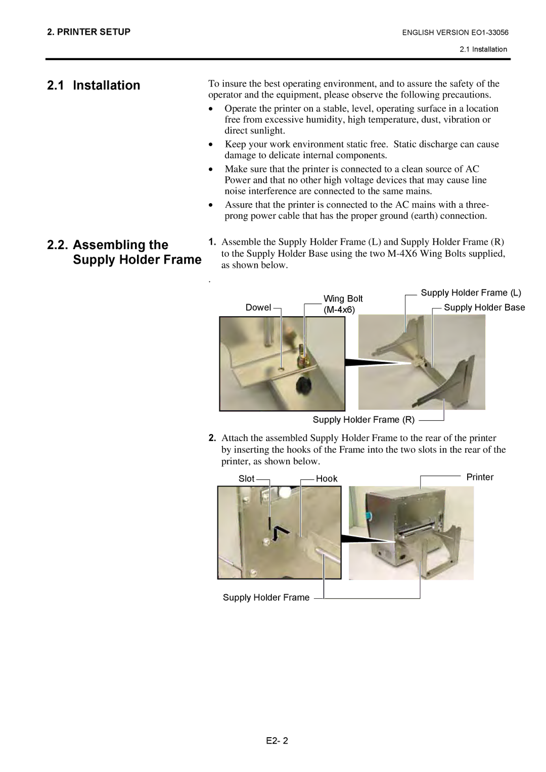 Toshiba EO1-33056D, B-SX6T Series owner manual Installation, Assembling the Supply Holder Frame 