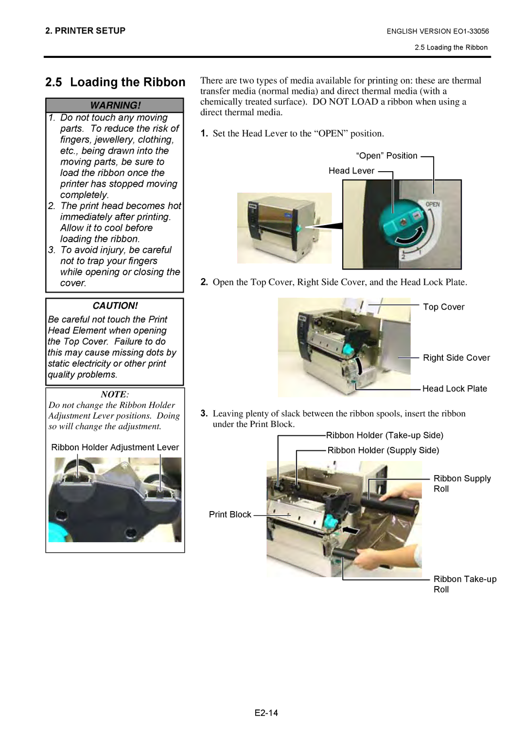 Toshiba EO1-33056D, B-SX6T Series owner manual Loading the Ribbon 