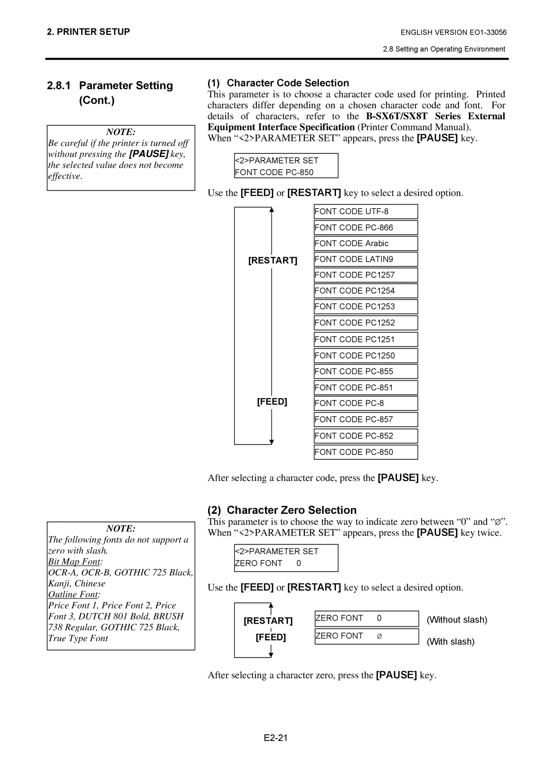 Toshiba B-SX6T Series, EO1-33056D owner manual Character Zero Selection, Character Code Selection 