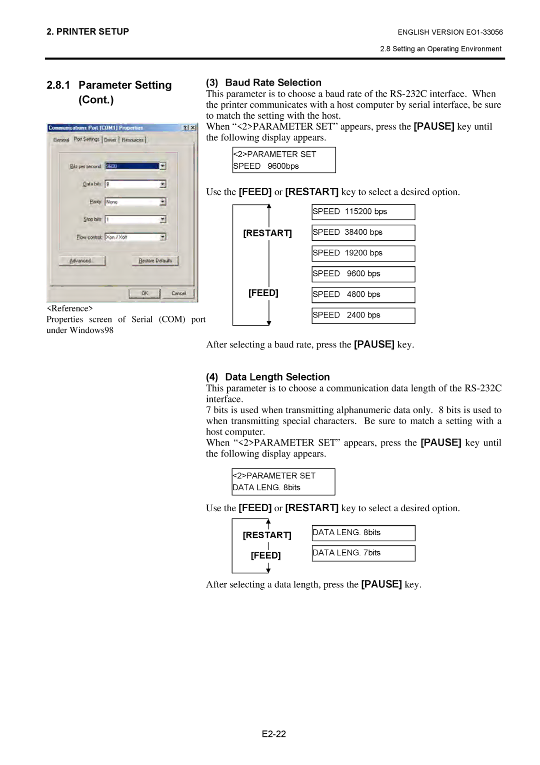 Toshiba EO1-33056D Baud Rate Selection, After selecting a baud rate, press the Pause key, Data Length Selection 