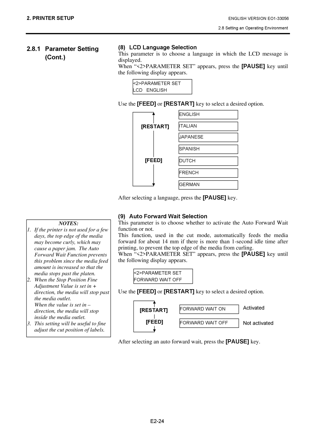 Toshiba EO1-33056D LCD Language Selection, After selecting a language, press the Pause key, Auto Forward Wait Selection 