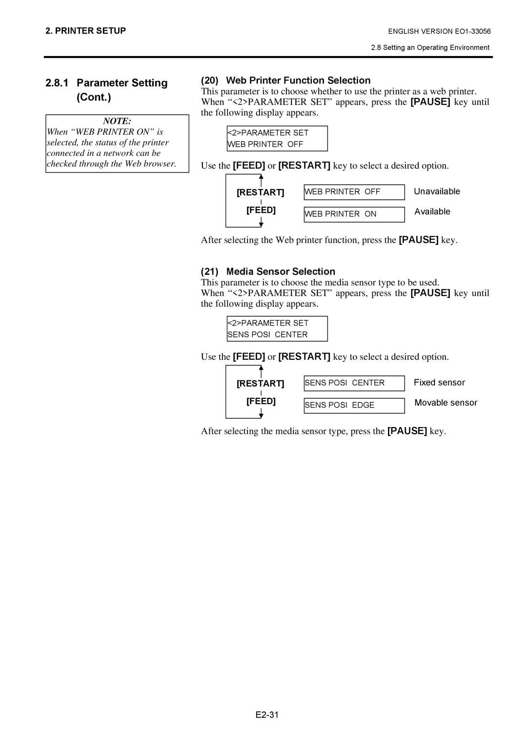 Toshiba B-SX6T Series, EO1-33056D owner manual Web Printer Function Selection, Media Sensor Selection 