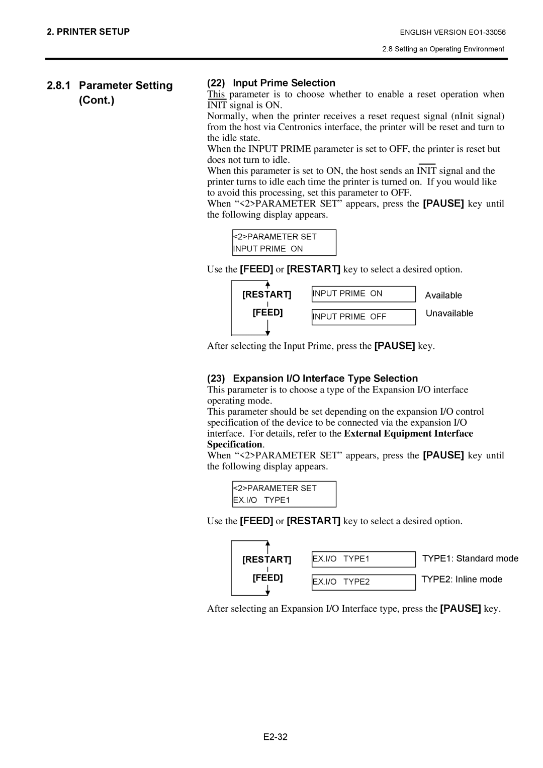 Toshiba EO1-33056D, B-SX6T Series owner manual Input Prime Selection, After selecting the Input Prime, press the Pause key 