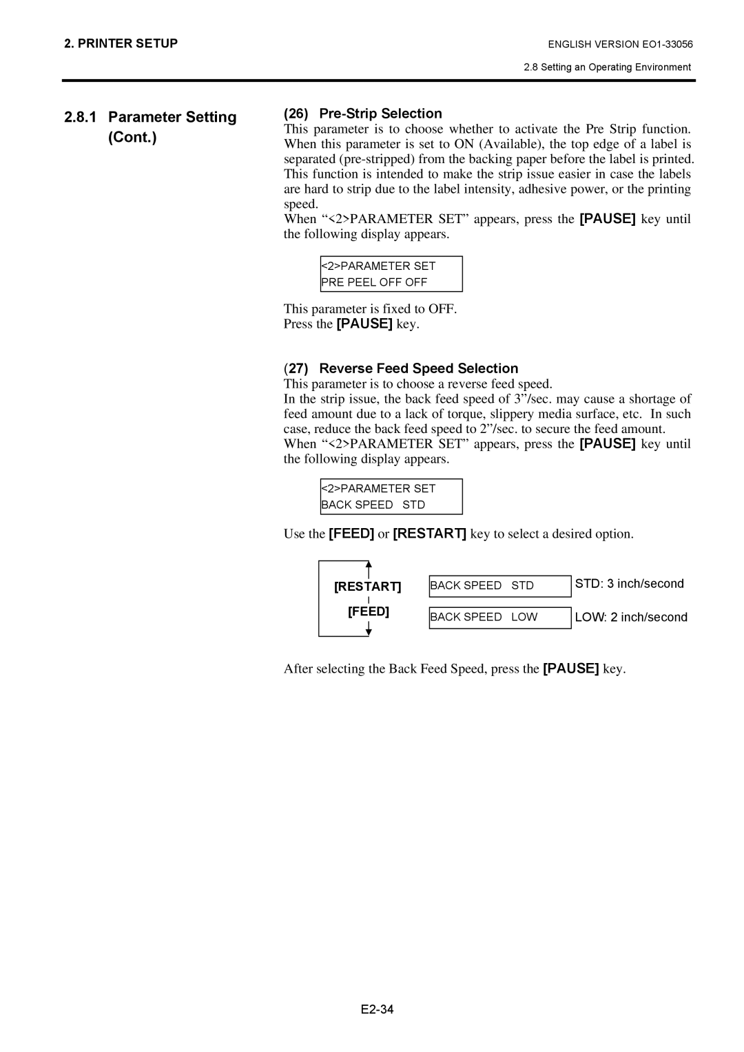 Toshiba EO1-33056D Pre-Strip Selection, This parameter is fixed to OFF Press the Pause key, Reverse Feed Speed Selection 