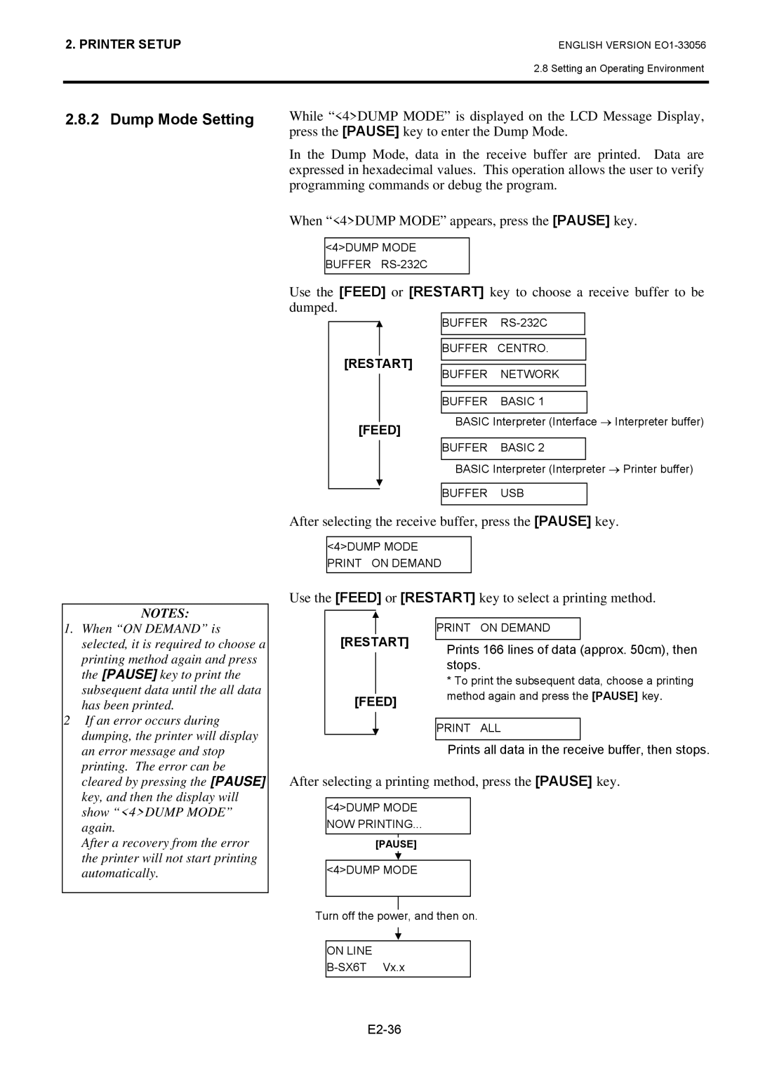 Toshiba EO1-33056D, B-SX6T Series owner manual Dump Mode Setting, After selecting the receive buffer, press the Pause key 