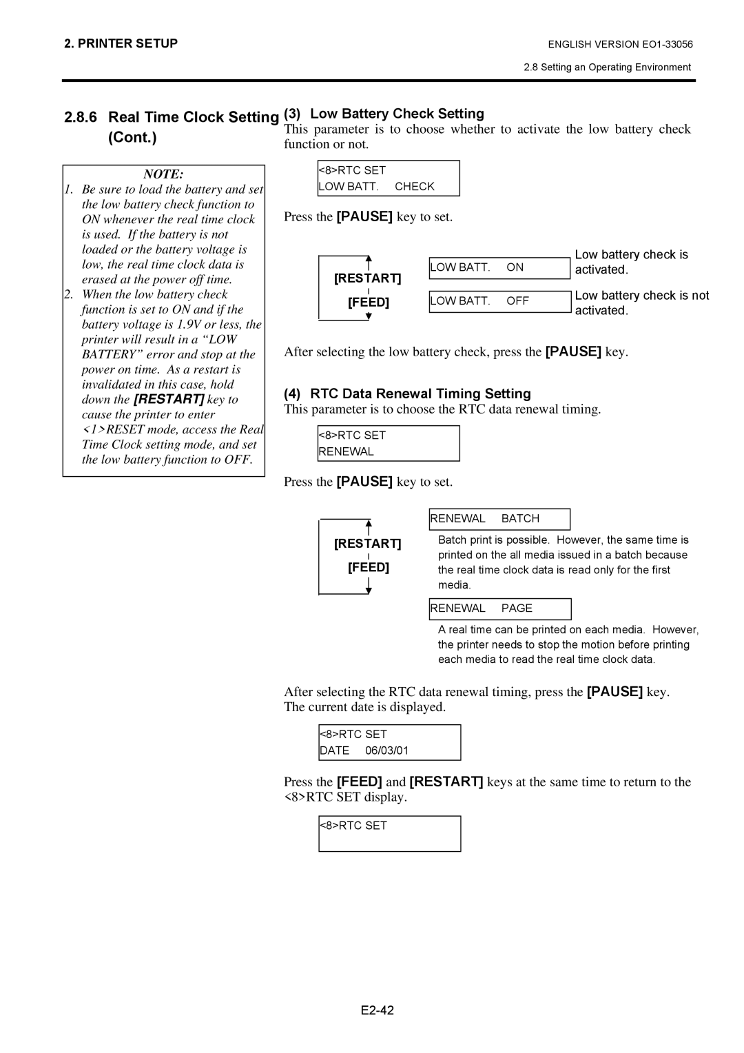 Toshiba EO1-33056D owner manual Real Time Clock Setting 3 Low Battery Check Setting, Cont, RTC Data Renewal Timing Setting 