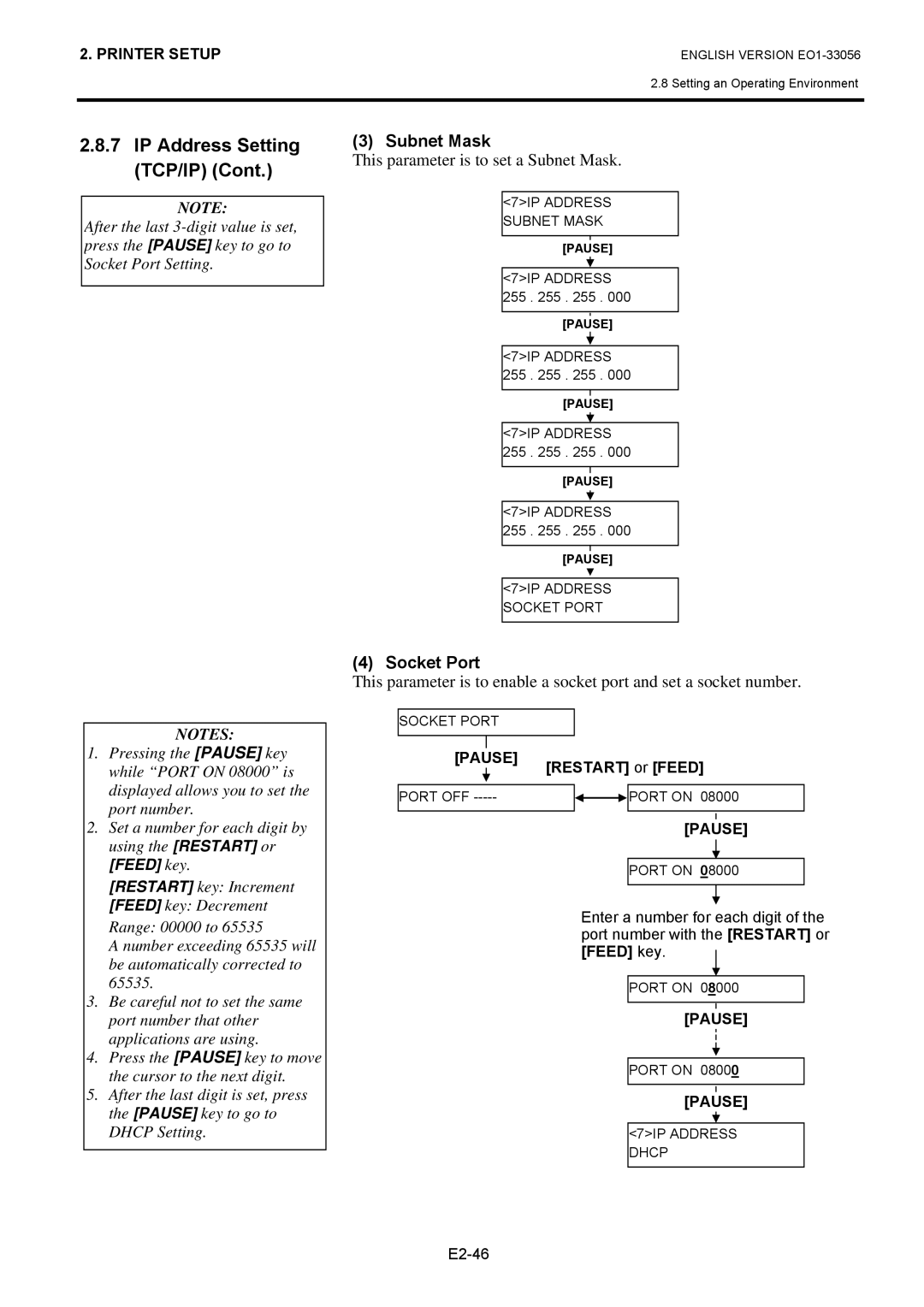 Toshiba EO1-33056D, B-SX6T Series owner manual This parameter is to set a Subnet Mask, Socket Port 