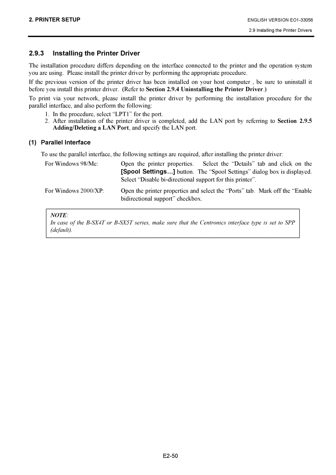 Toshiba EO1-33056D, B-SX6T Series owner manual Installing the Printer Driver, Parallel Interface 