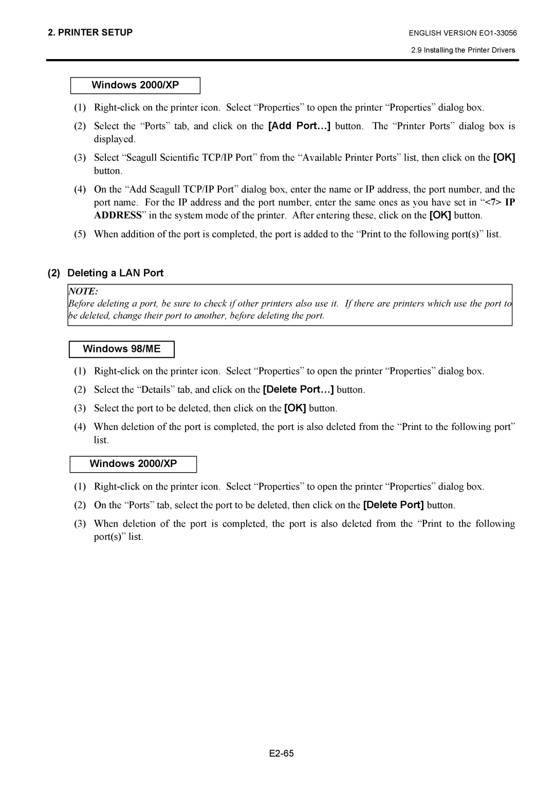 Toshiba B-SX6T Series, EO1-33056D owner manual Deleting a LAN Port 