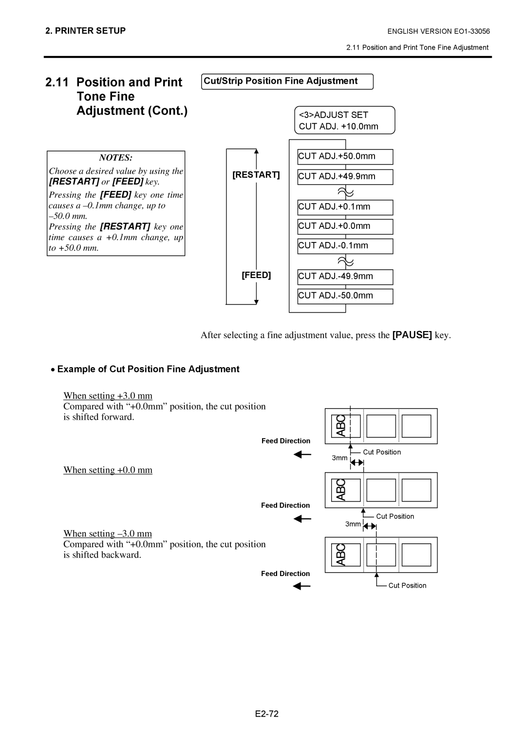 Toshiba EO1-33056D, B-SX6T Series owner manual Example of Cut Position Fine Adjustment 