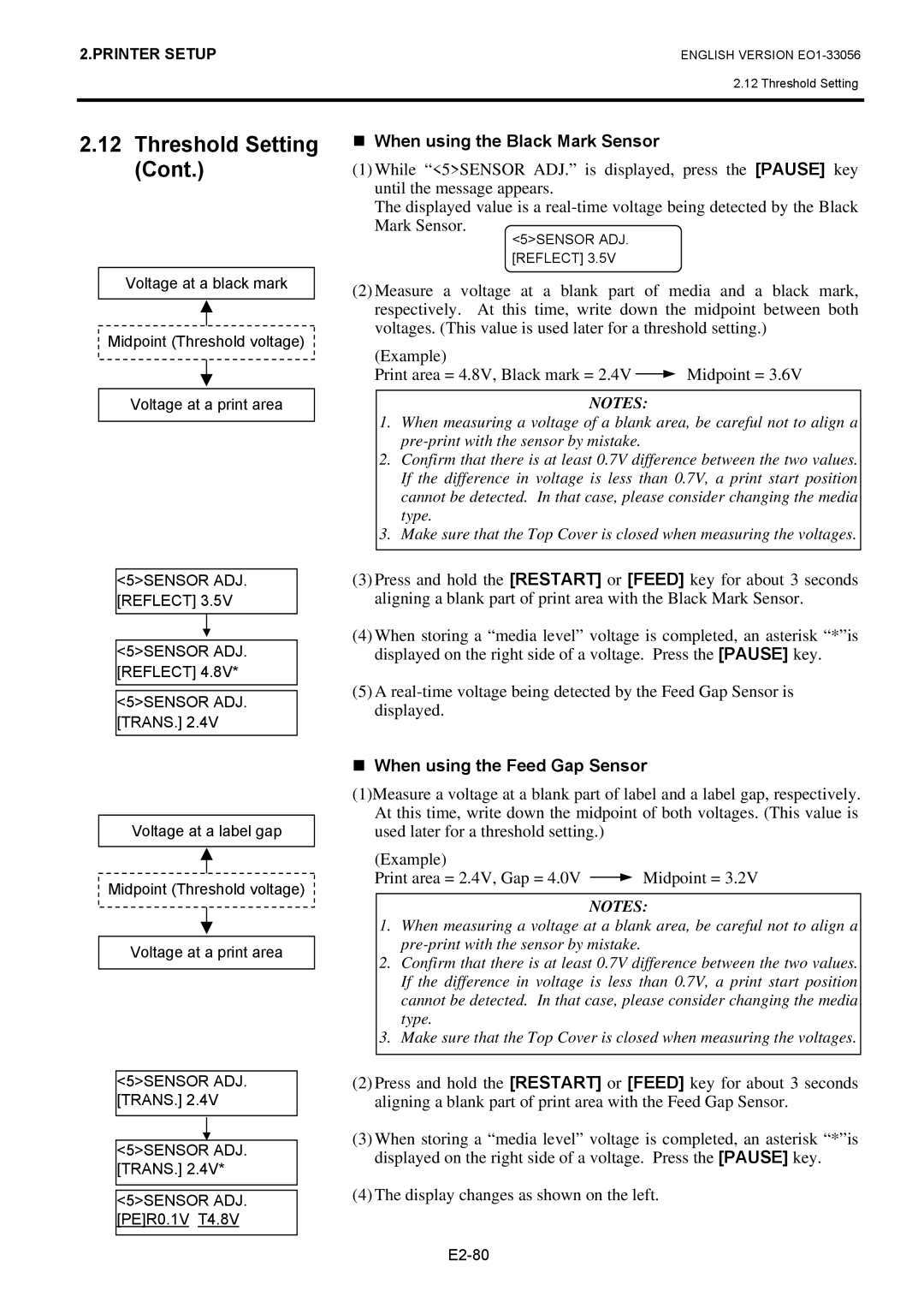 Toshiba EO1-33056D, B-SX6T Series owner manual „ When using the Black Mark Sensor, „ When using the Feed Gap Sensor 