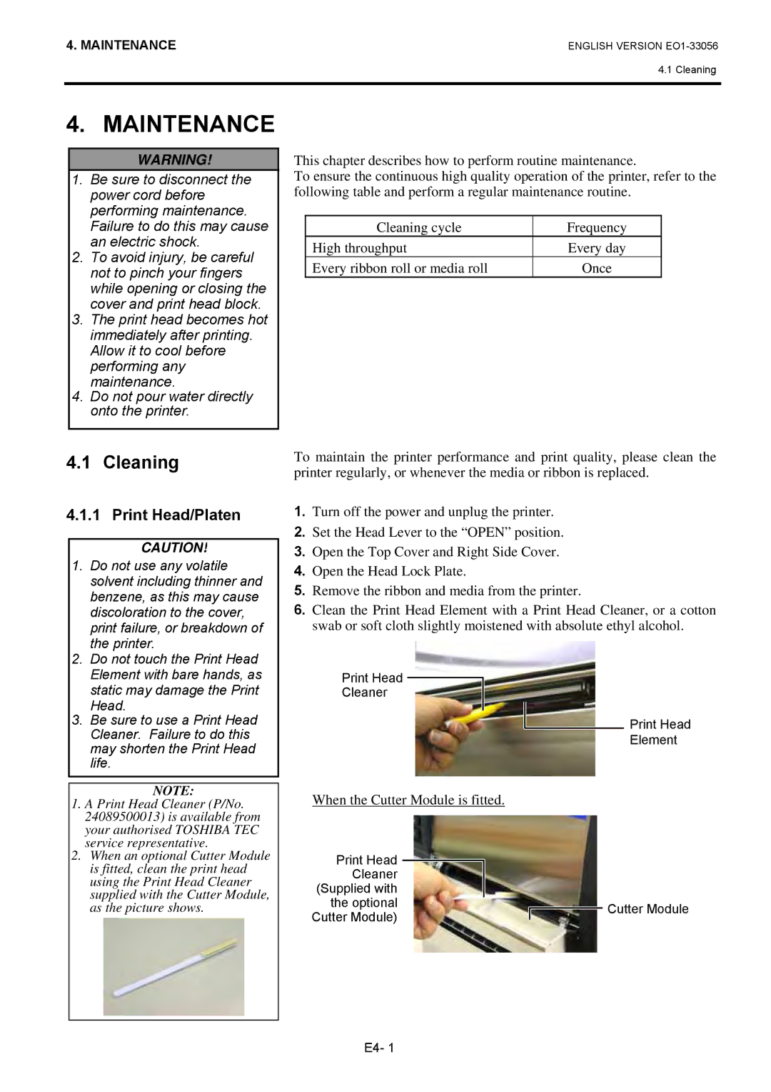 Toshiba B-SX6T Series, EO1-33056D owner manual Maintenance, Cleaning, Print Head/Platen, When the Cutter Module is fitted 