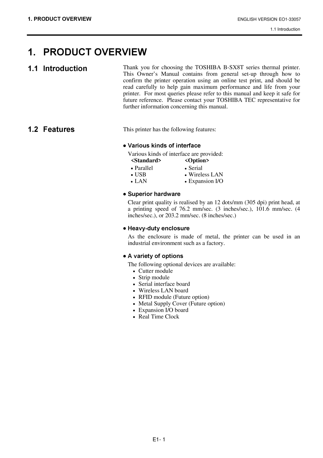 Toshiba B-SX8T SERIES, EO1-33057D owner manual Product Overview, Introduction Features 