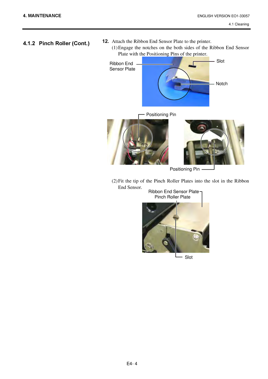 Toshiba EO1-33057 Attach the Ribbon End Sensor Plate to the printer, Plate with the Positioning Pins of the printer 