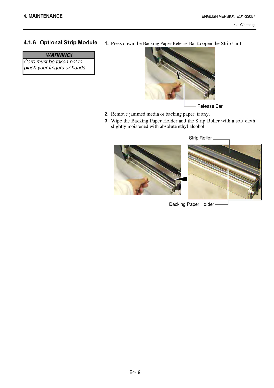 Toshiba EO1-33057D, B-SX8T SERIES owner manual Care must be taken not to pinch your fingers or hands 