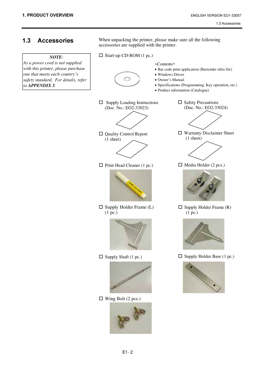 Toshiba EO1-33057D, B-SX8T SERIES owner manual Accessories, Supply Holder Frame L, Wing Bolt 2 pcs 