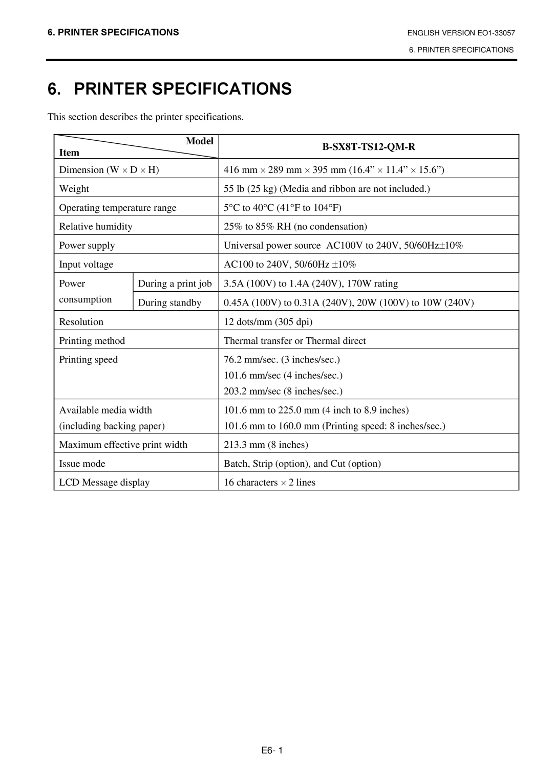 Toshiba EO1-33057, B-SX8T SERIES Printer Specifications, This section describes the printer specifications, Model 