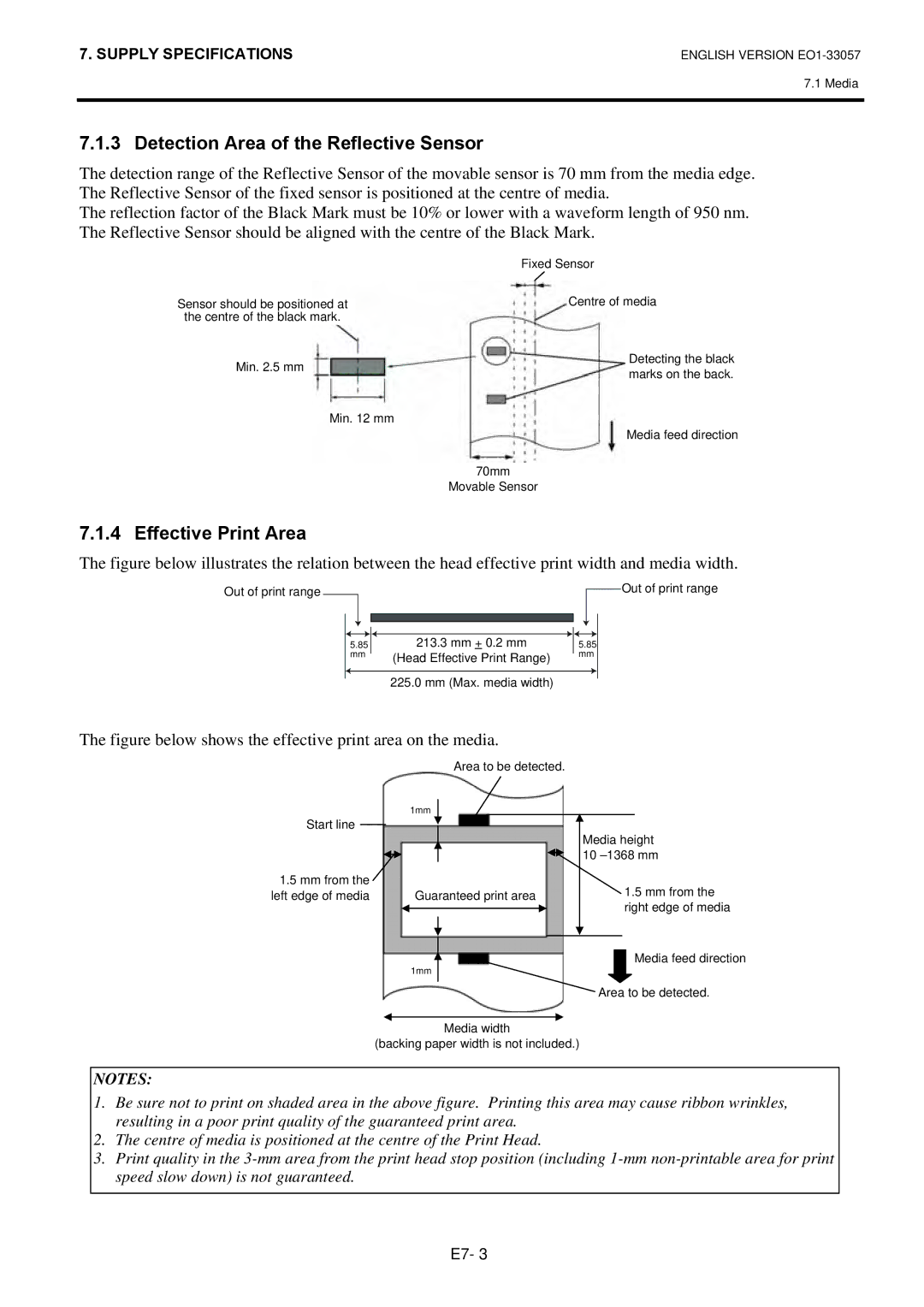 Toshiba B-SX8T SERIES, EO1-33057D owner manual Detection Area of the Reflective Sensor, Effective Print Area 