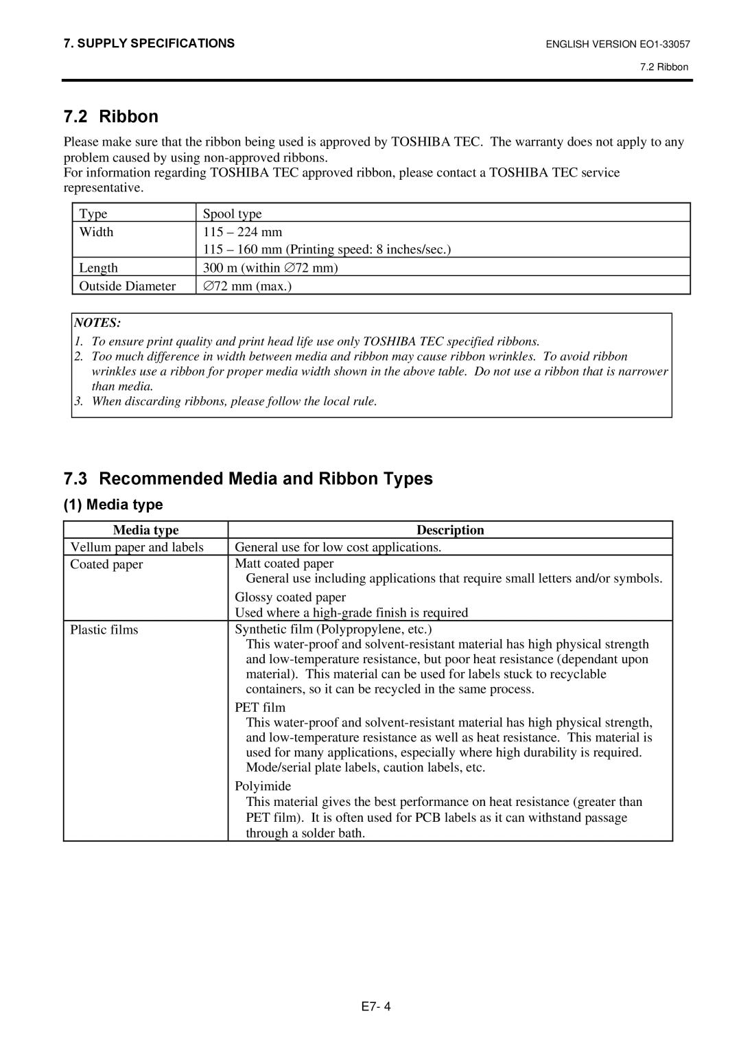 Toshiba EO1-33057D, B-SX8T SERIES owner manual Recommended Media and Ribbon Types, Media type Description 