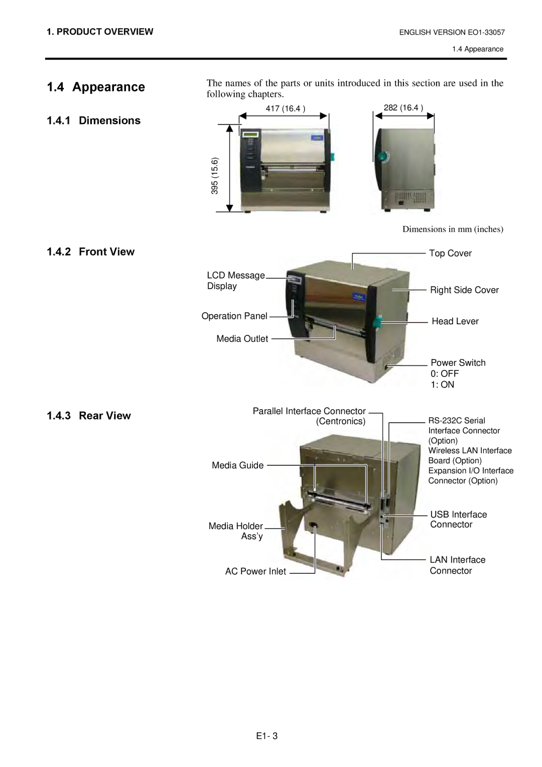 Toshiba B-SX8T SERIES, EO1-33057D owner manual Appearance, Dimensions, Front View, Rear View 