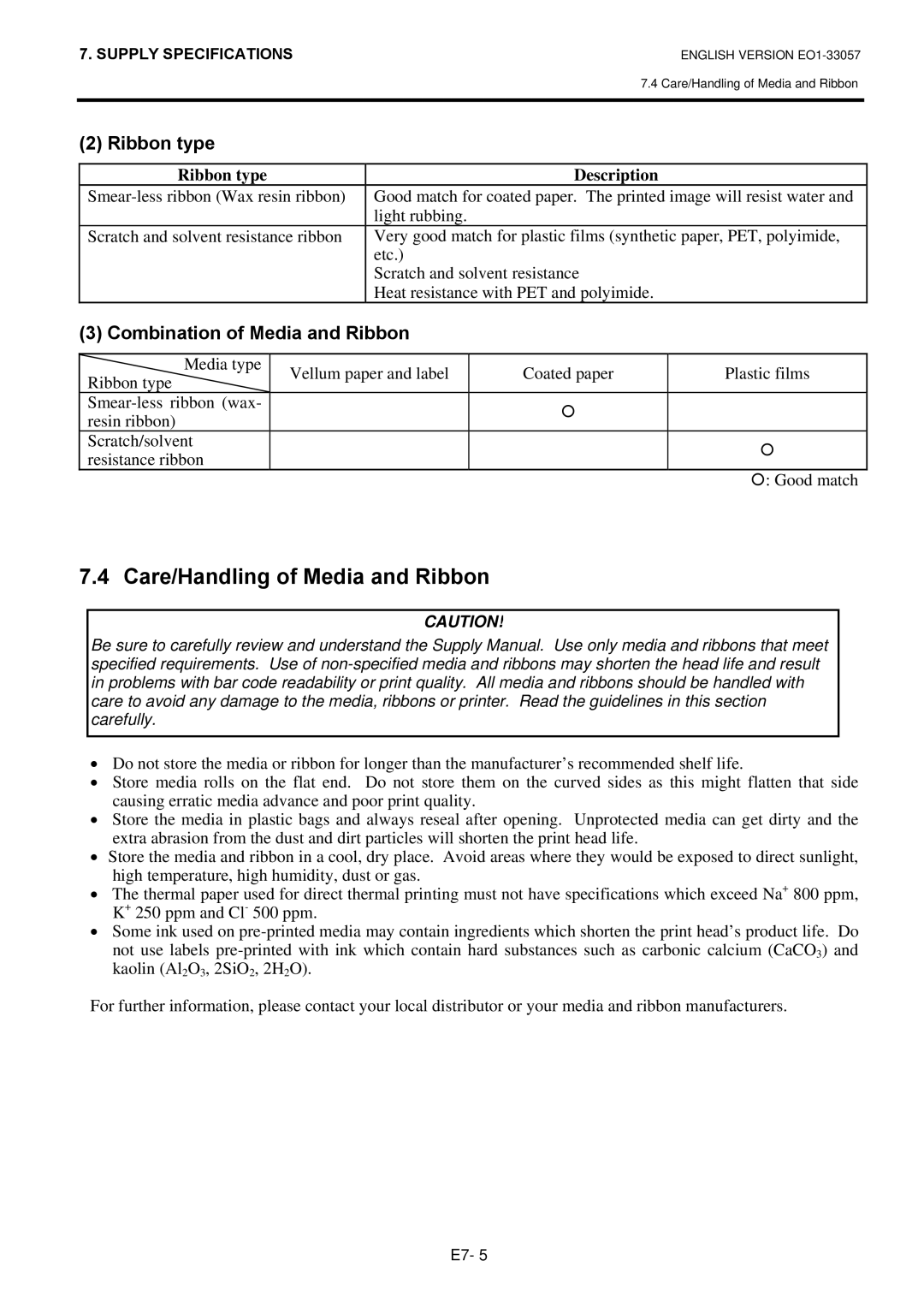 Toshiba EO1-33057 Care/Handling of Media and Ribbon, Combination of Media and Ribbon, Ribbon type Description 