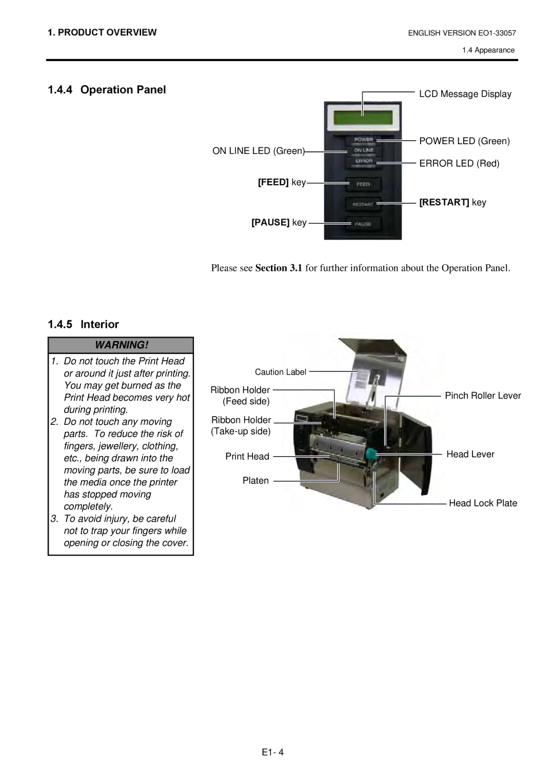 Toshiba B-SX8T SERIES, EO1-33057D owner manual Operation Panel, Interior 