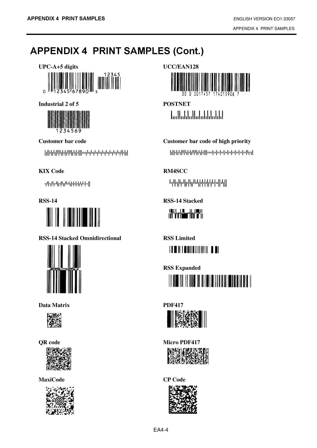 Toshiba EO1-33057D, B-SX8T SERIES owner manual UPC-A+5 digits, Industrial 2, Customer bar code, KIX Code 