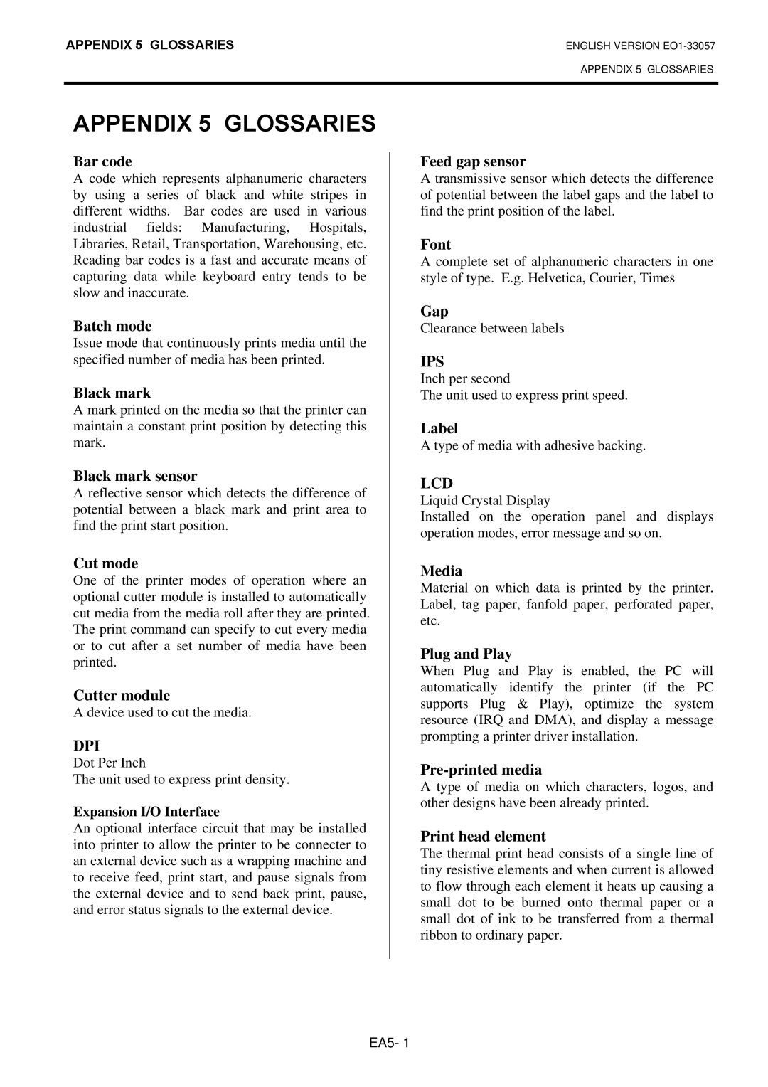 Toshiba B-SX8T SERIES, EO1-33057D owner manual Appendix 5 Glossaries, Expansion I/O Interface 