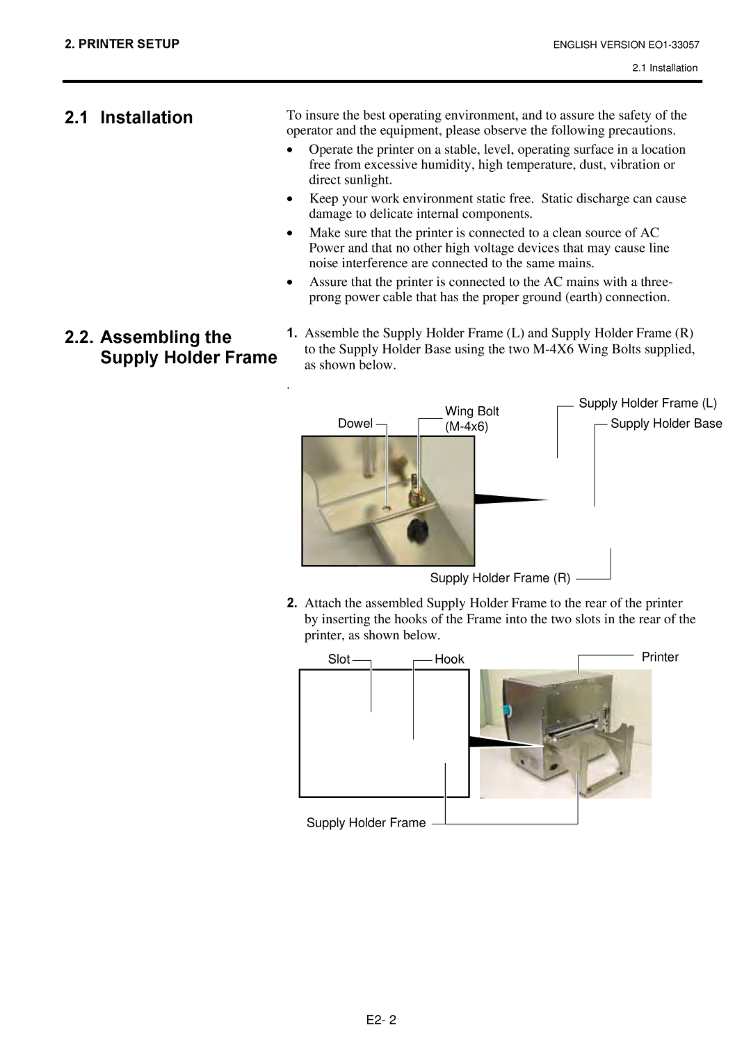 Toshiba B-SX8T SERIES, EO1-33057D owner manual Installation, Assembling the Supply Holder Frame 