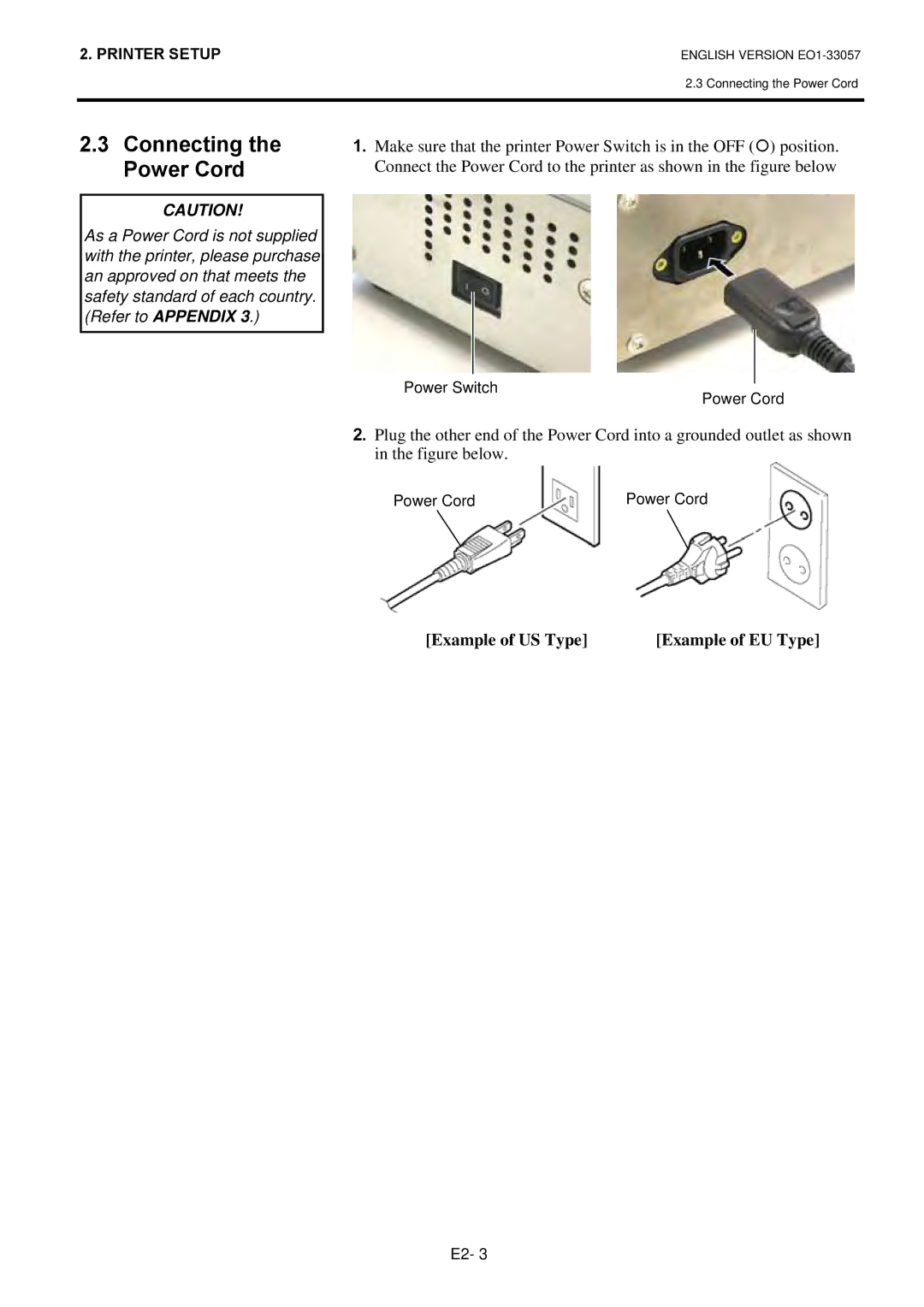 Toshiba EO1-33057D, B-SX8T SERIES owner manual Connecting the Power Cord, Example of US Type 