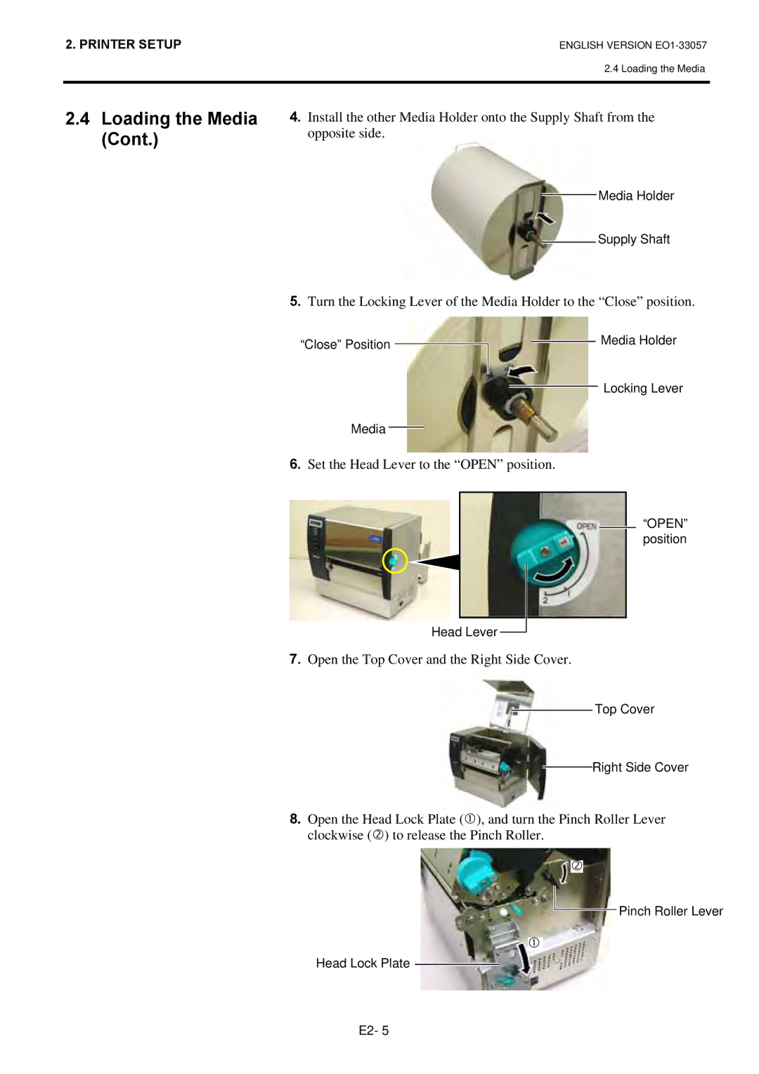 Toshiba B-SX8T SERIES, EO1-33057 Set the Head Lever to the Open position, Open the Top Cover and the Right Side Cover 