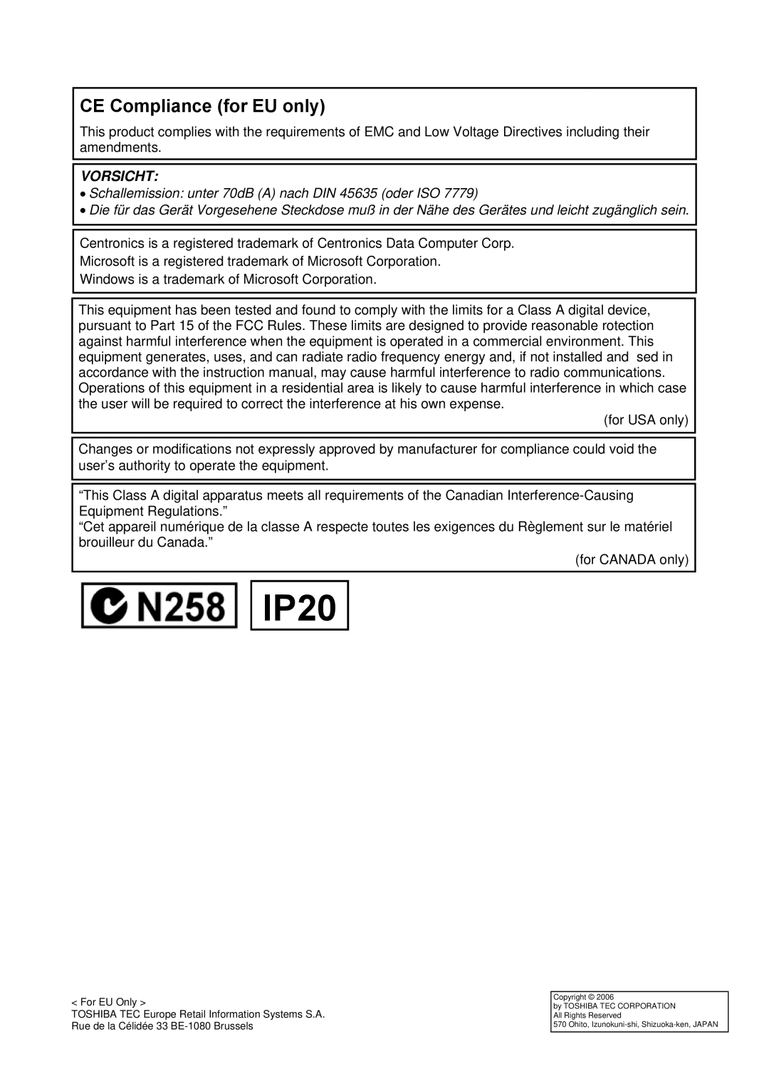 Toshiba EO1-33057D, B-SX8T SERIES owner manual CE Compliance for EU only, Vorsicht 