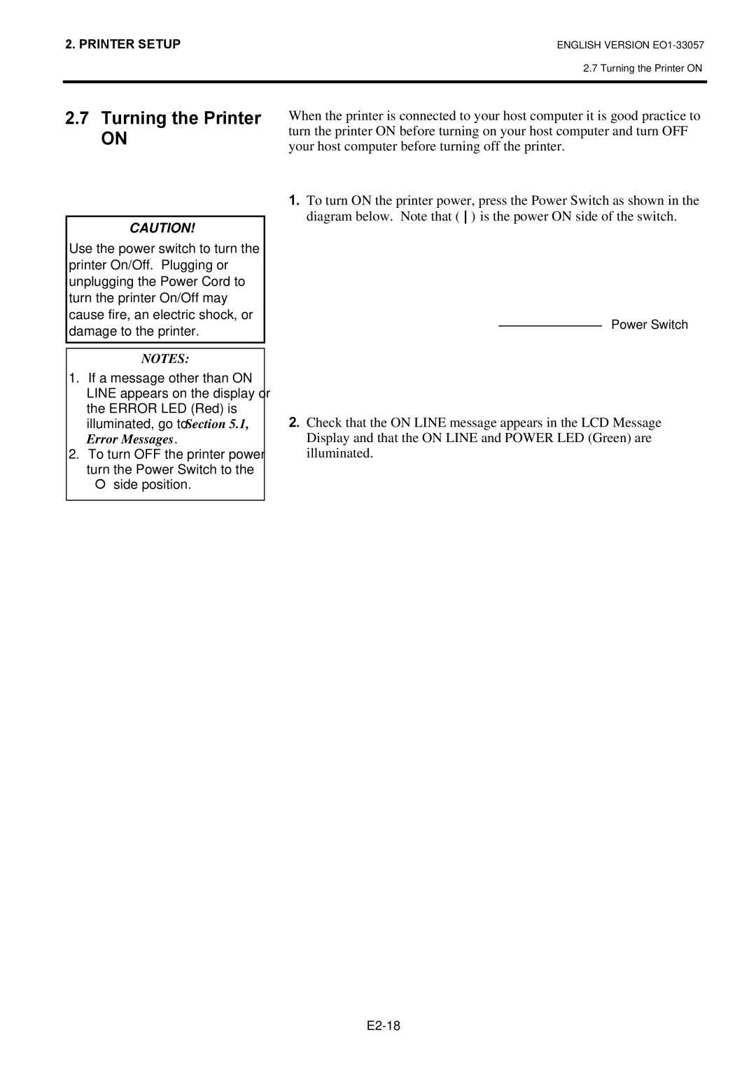 Toshiba EO1-33057D, B-SX8T SERIES owner manual Turning the Printer 