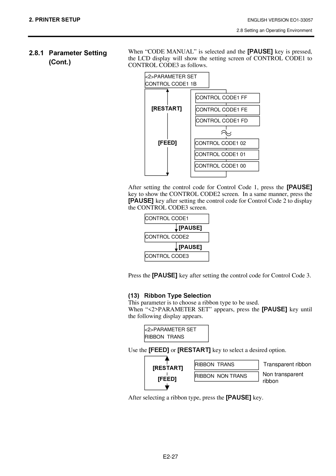 Toshiba EO1-33057D, B-SX8T SERIES owner manual Ribbon Type Selection, After selecting a ribbon type, press the Pause key 