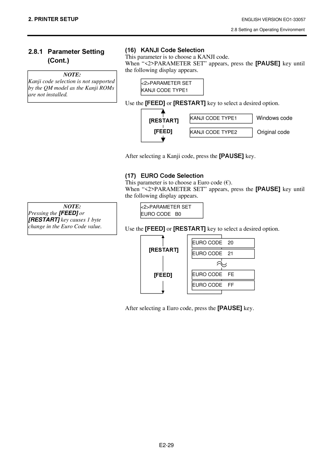 Toshiba B-SX8T SERIES Kanji Code Selection, After selecting a Kanji code, press the Pause key, Euro Code Selection 