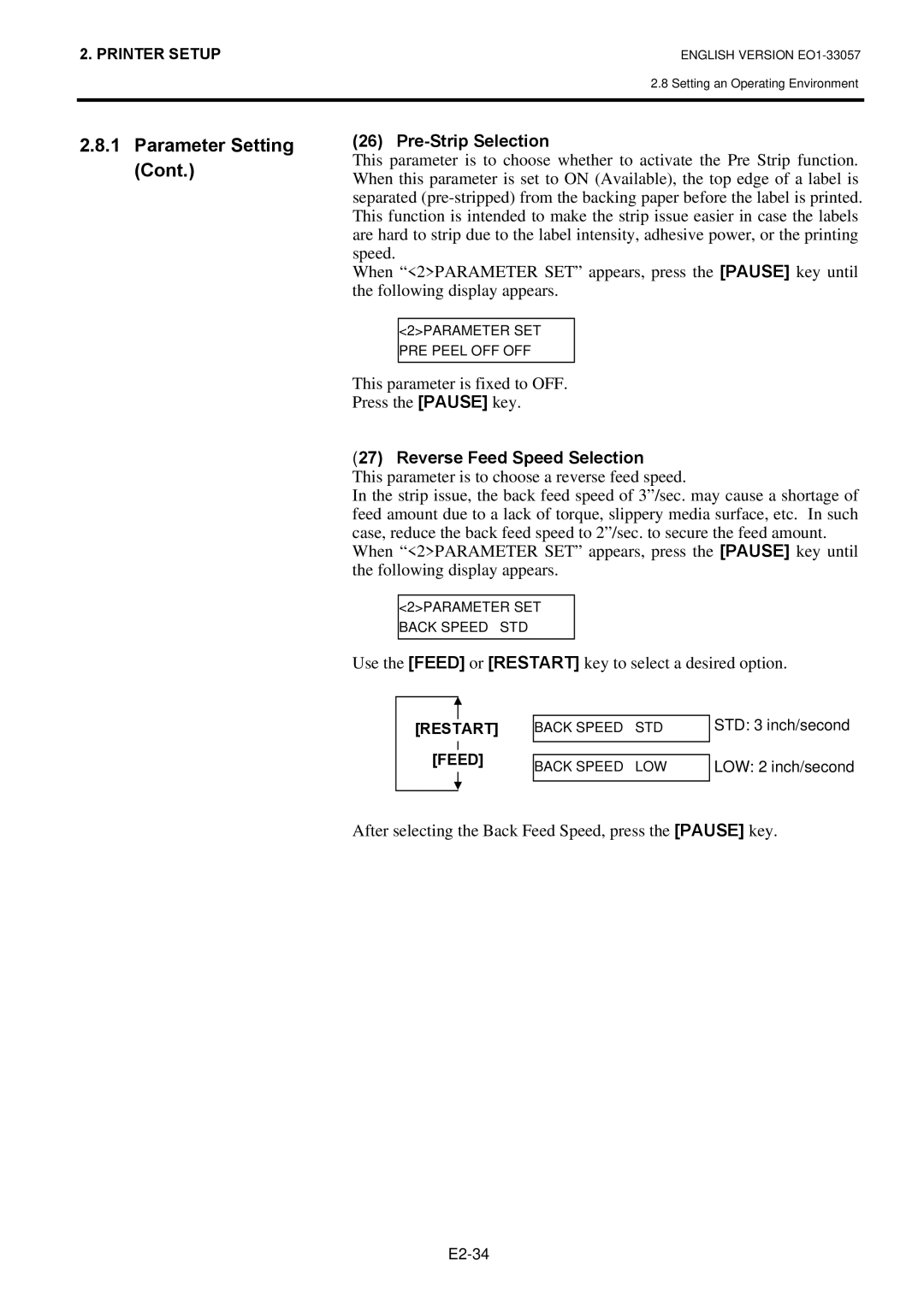 Toshiba EO1-33057 Pre-Strip Selection, This parameter is fixed to OFF Press the Pause key, Reverse Feed Speed Selection 