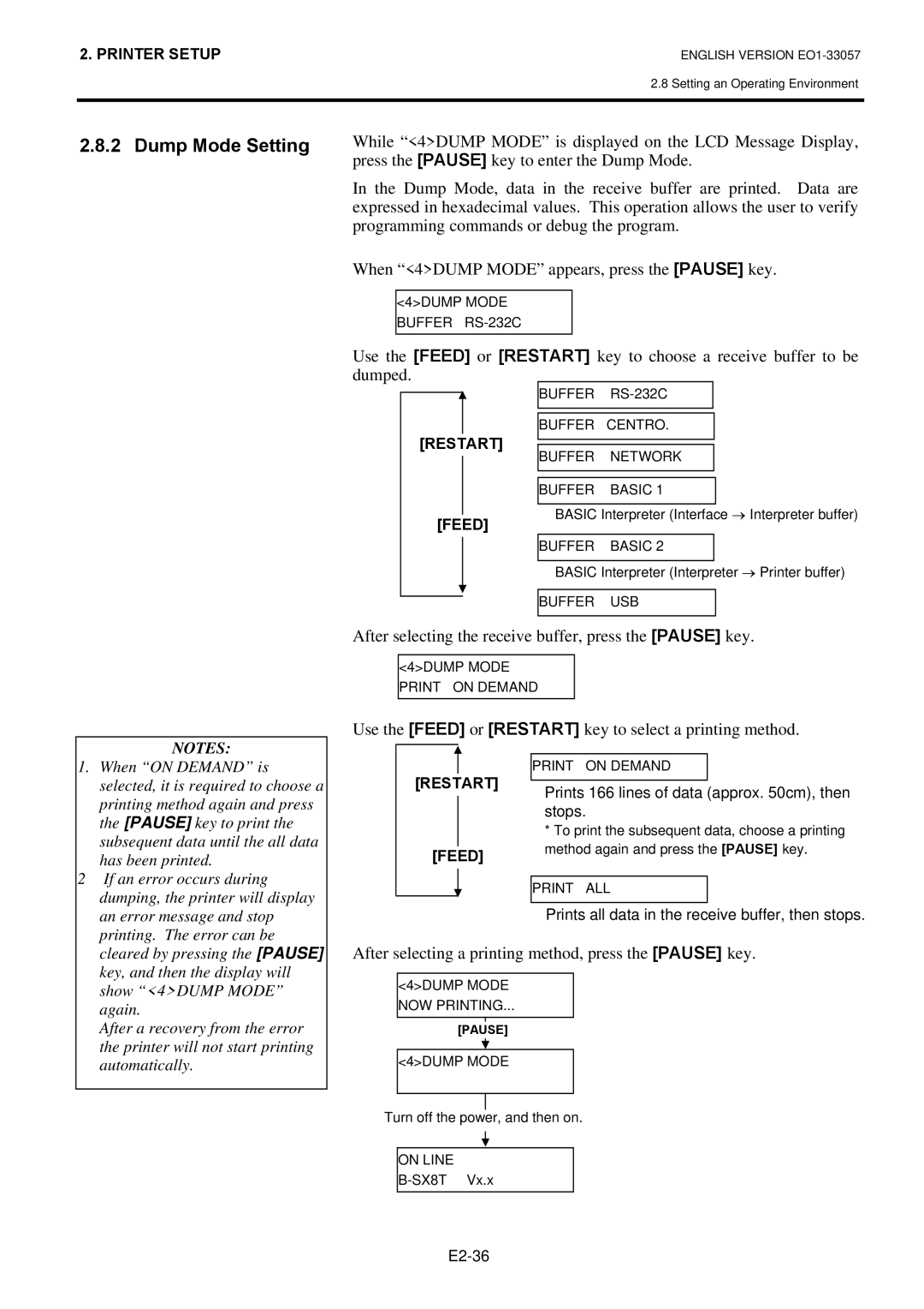 Toshiba EO1-33057D, B-SX8T SERIES owner manual Dump Mode Setting, After selecting the receive buffer, press the Pause key 