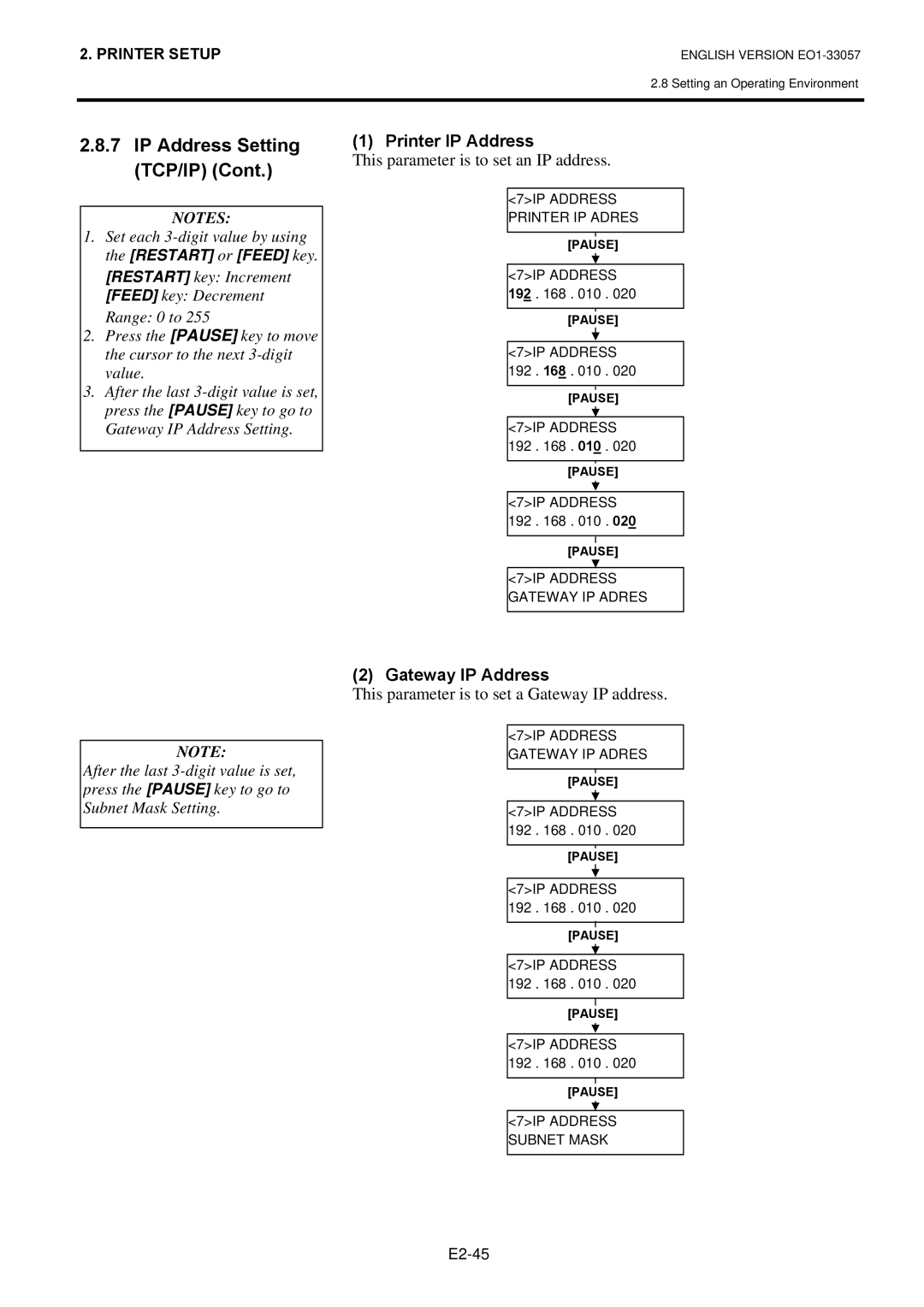 Toshiba EO1-33057D, B-SX8T SERIES Printer IP Address, This parameter is to set an IP address, Gateway IP Address 