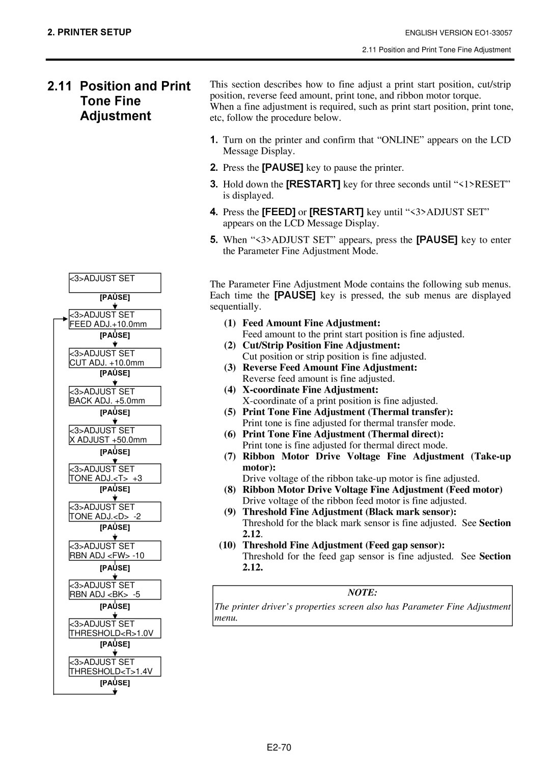 Toshiba EO1-33057 Position and Print Tone Fine Adjustment, Feed Amount Fine Adjustment, Cut/Strip Position Fine Adjustment 