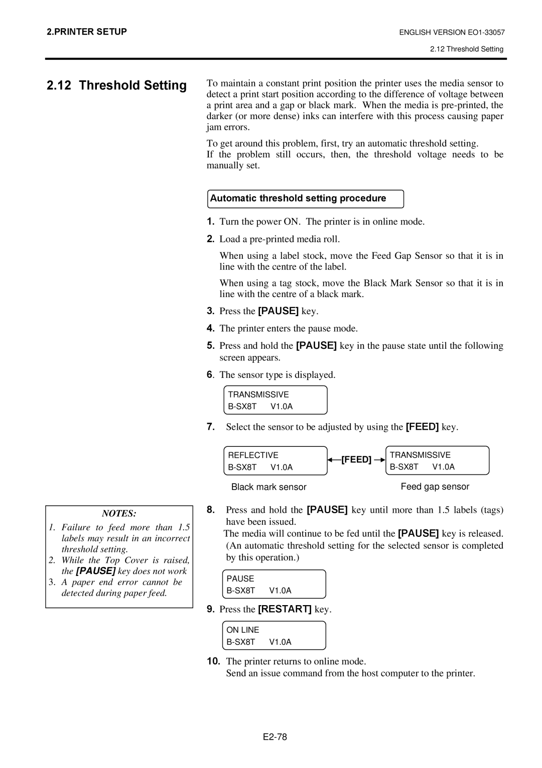 Toshiba EO1-33057D Threshold Setting, Jam errors, Manually set, Select the sensor to be adjusted by using the Feed key 