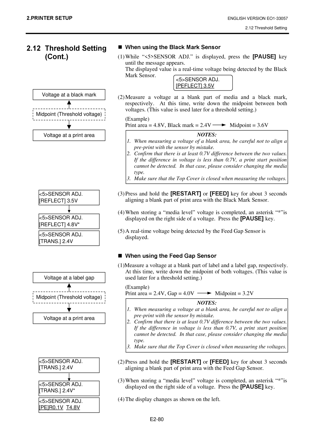 Toshiba B-SX8T SERIES, EO1-33057D owner manual „ When using the Black Mark Sensor, „ When using the Feed Gap Sensor 