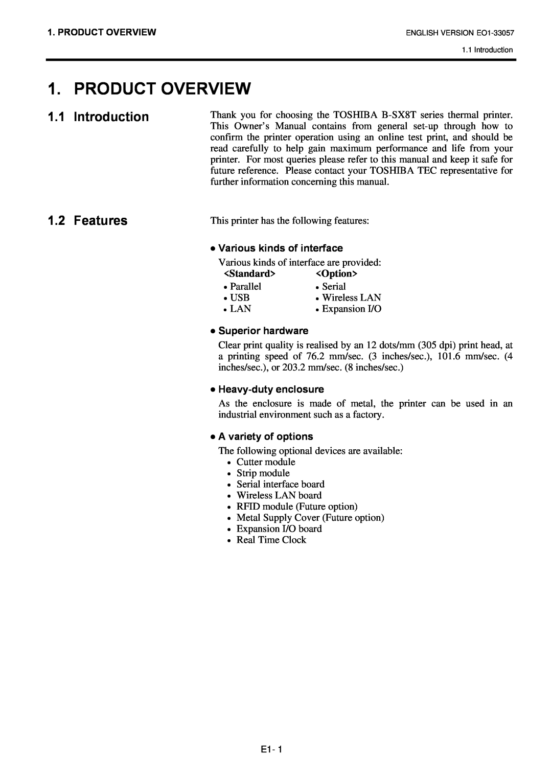 Toshiba B-SX8T SERIES, EO1-33057D owner manual Product Overview, Introduction, Features 