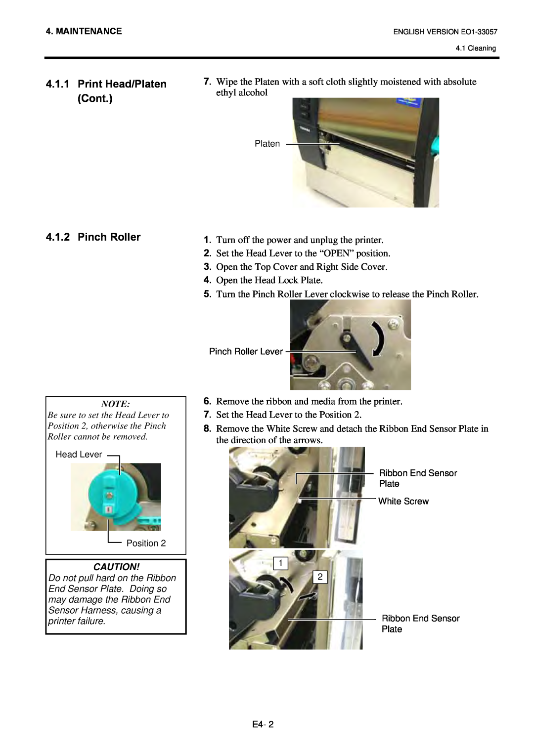 Toshiba B-SX8T SERIES, EO1-33057D owner manual Print Head/Platen Cont 4.1.2 Pinch Roller 