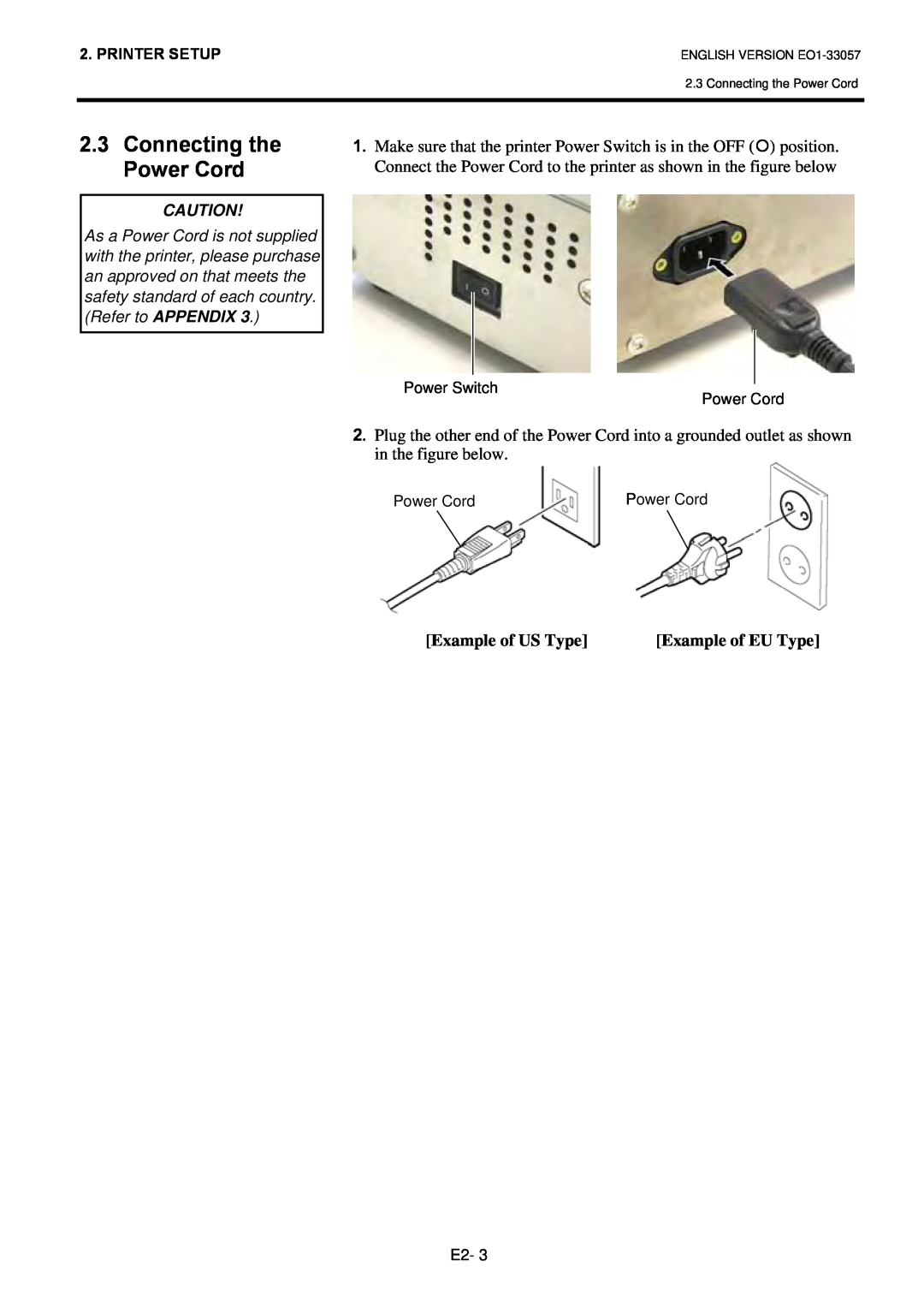 Toshiba EO1-33057D, B-SX8T SERIES owner manual Connecting the Power Cord, Example of US Type 