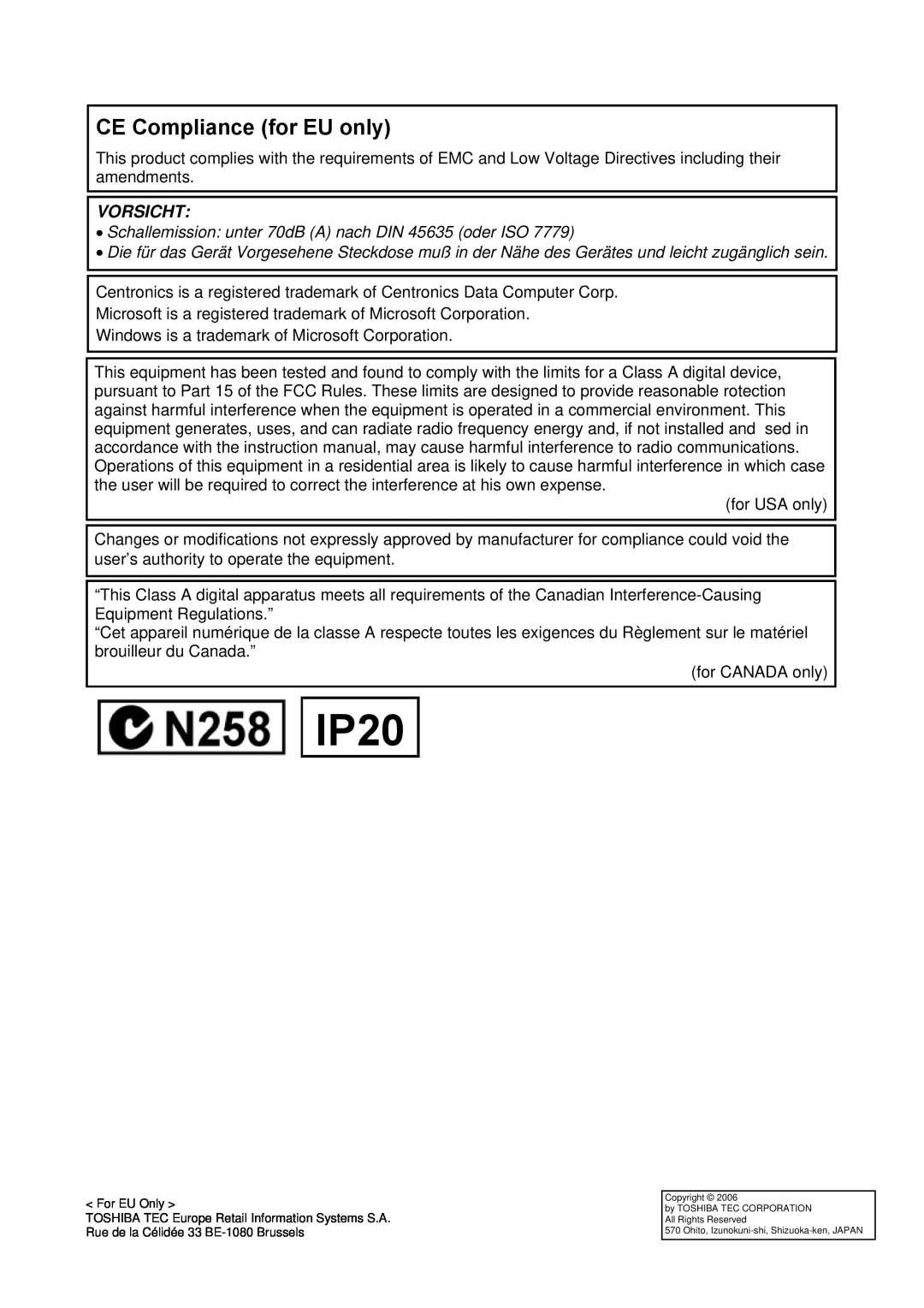 Toshiba EO1-33057D IP20, CE Compliance for EU only, Vorsicht, Schallemission unter 70dB A nach DIN 45635 oder ISO 