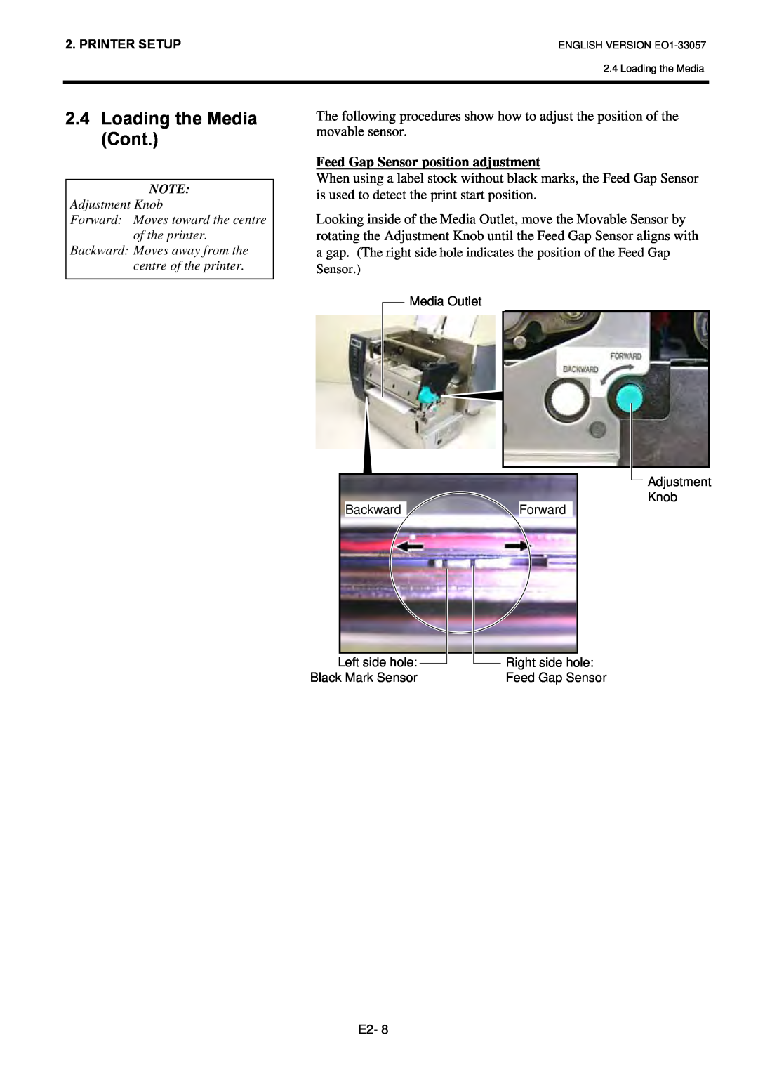 Toshiba B-SX8T SERIES, EO1-33057D owner manual Loading the Media Cont, Feed Gap Sensor position adjustment 