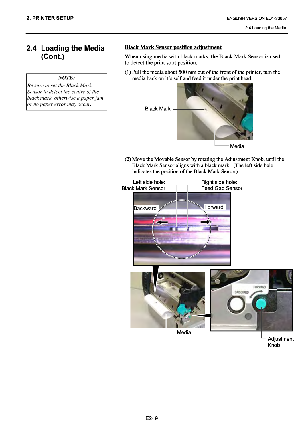 Toshiba EO1-33057D, B-SX8T SERIES owner manual Loading the Media Cont, Black Mark Sensor position adjustment 