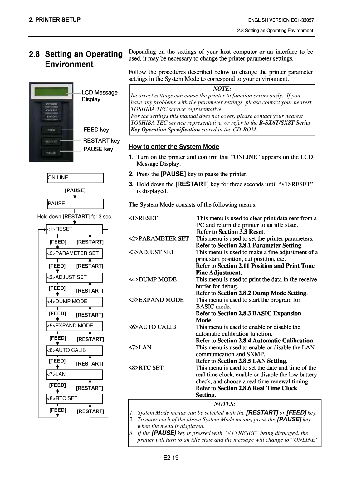 Toshiba B-SX8T SERIES, EO1-33057D owner manual Setting an Operating Environment, How to enter the System Mode 